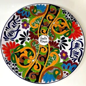 Mexican Handmade Floral Pottery Serving Dish Platter 11” Costa Maya